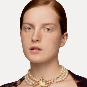 Vivienne Westwood Three Row Pearl Bas Relief Choker | Women Necklaces | Classic Styles