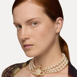 Vivienne Westwood Three Row Pearl Bas Relief Choker | Women Necklaces | Classic Styles