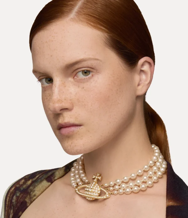 Vivienne Westwood Three Row Pearl Bas Relief Choker | Women Necklaces | Classic Styles