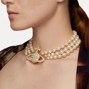 Vivienne Westwood Three Row Pearl Bas Relief Choker | Women Necklaces | Classic Styles