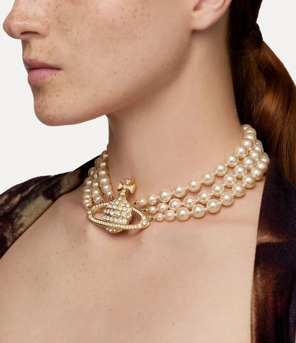 Vivienne Westwood Three Row Pearl Bas Relief Choker | Women Necklaces | Classic Styles